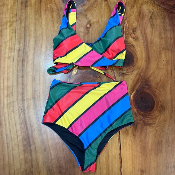 Lazy Oaf Swim Bikini Women's Bathing Suit 6 High Rise 2 piece Striped - Picture 1 of 6